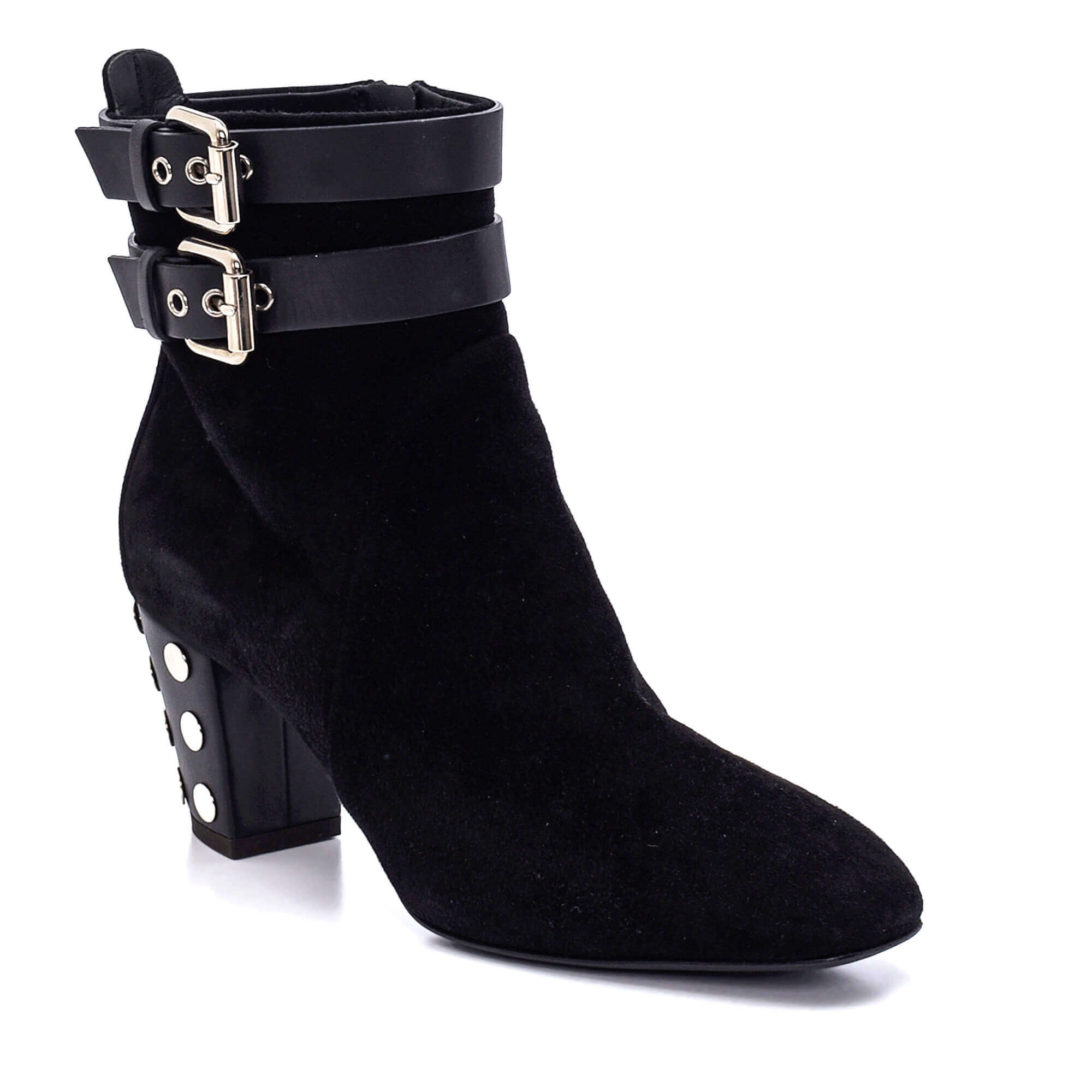 Giuseppe Zanotti - Black Suede Double Buckle Studded Heel Ankle Boots